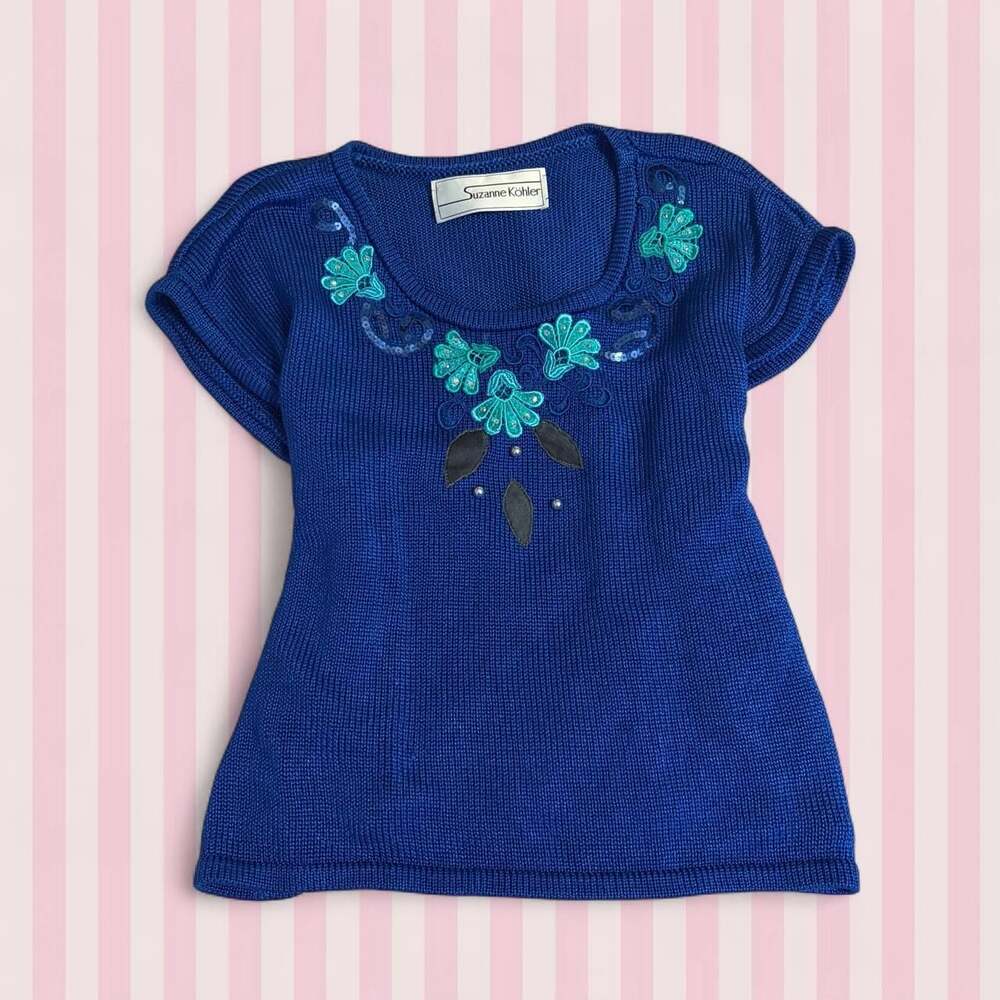 Suzanne Kohler Navy Blue Knit Vest with Floral Embroidery and Beading